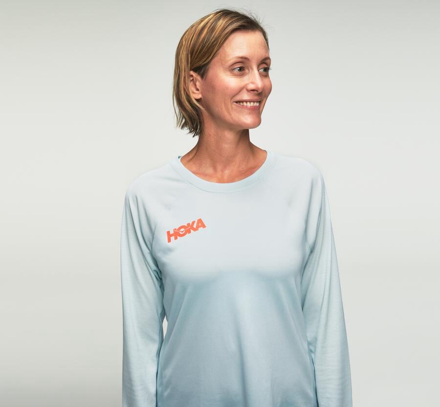 Top Hoka One One Mujer Azules - Performance Long Sleeve - HKBC29856